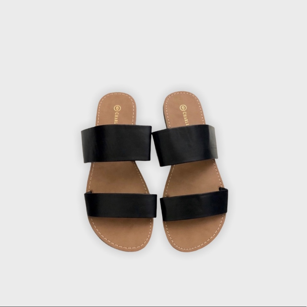 Black Double Strap Slip On Sandals - Picture 2 of 3